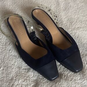 Dear Frances Navy Suede Kitten Heel Slingback. Size 38 (US 8)